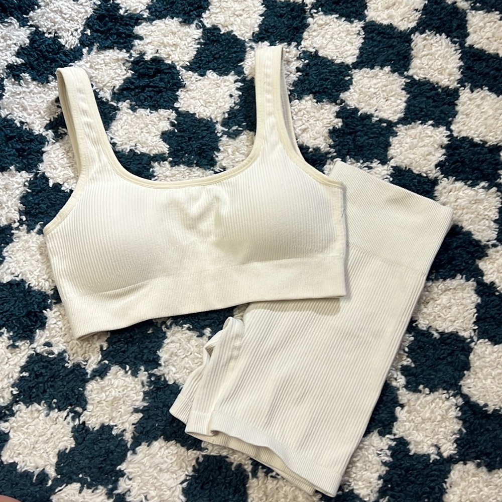 Cream Biker Short & Sports Bra Set
